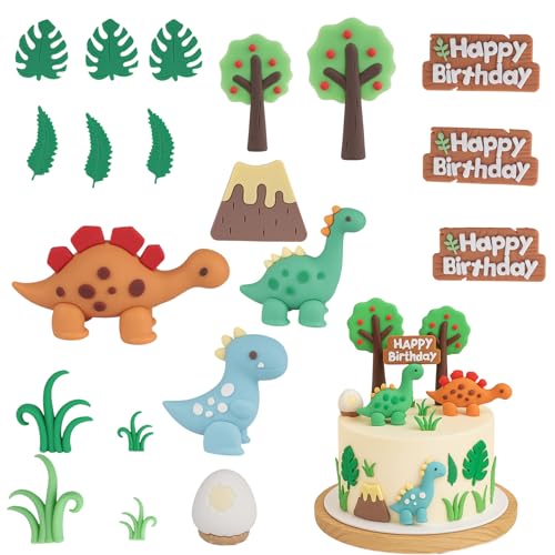 20 Teiliges Set Dino Tortendeko - mit Dinosaurier, Dinosaurier-Eier, Vulkane, Gras, Obstbäume, Blätter, Tiere Geburtstag Tortendeko, für Geburtstag Party Kinder von Lixstyea
