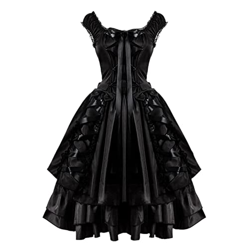 Karneval Kostüm Damen Faschingskostüme Frauen Vintage Slim Gothic Classic Black Layered Lace Up Goth Lolita Cosplay Kleid Renaissance Kleid (Black, XL) von Liyuera