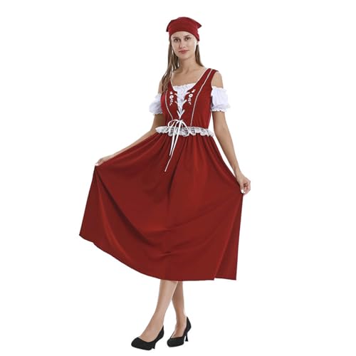 Liyuera Faschingskostüm Damen Karneval Damen-Bierfest-Manor-Kleidungsset, traditionelle ethnische Kleidung mit Stirnband-Kleidung Mittelalter Kleidung (Red, XL) von Liyuera