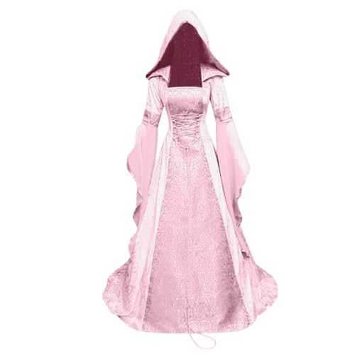 Liyuera Faschingskostüm Damen Karneval Frauen Kleid Vintage Ärmel Kleid Panel Frauen Gericht Kleid Plus Größe Langes Kleid Gothic Kleid Mittelalter Kleidung (Pink, L) von Liyuera