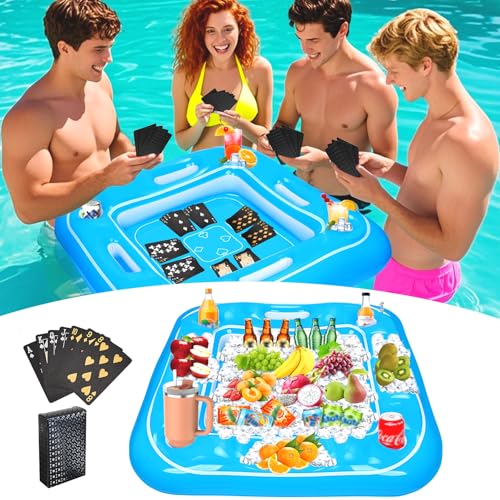 Schwimmender Kartentisch zum 4. Juli, aufblasbarer Spieltisch für Pool mit Getränkehaltern, schwimmender Spieltisch mit wasserdichten Spielkarten, aufblasbarer Schwimmer-Pool-Tisch und wasserdichter von Lizemqqi