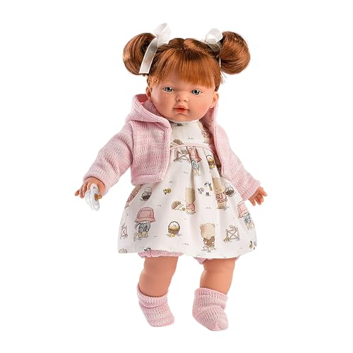 Llorens 1033138 Puppe Lea mit roten Haaren und blauen Augen, Babypuppe mit weichem Körper, inkl. Schnuller, 33 cm, Blau/Rot von Llorens