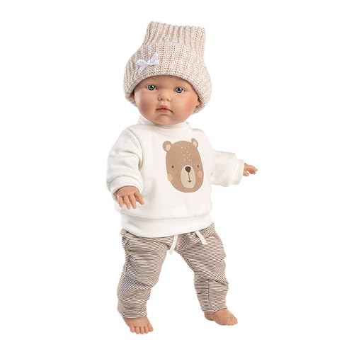 Llorens 1035002 Puppe Hayley, mit blauen Augen und weichem Körper, Babypuppe inkl. Sweatshirt mit Bärenmotiv, brauner Hose und Mütze, 35cm von Llorens
