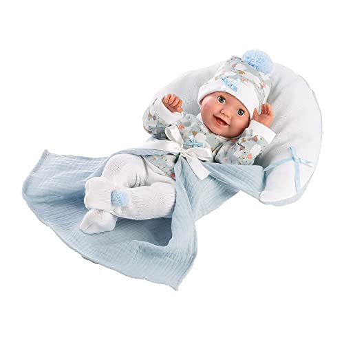 Llorens 1063595 Puppe Bimbo, mit blauen Schlafaugen, Babypuppe mit Vinylkörper, inkl. blauem Outfit, Schnuller und weicher Decke, Puppenjunge, New Born, 35cm von Llorens