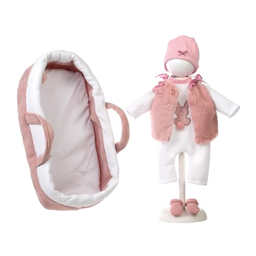 Llorens 1074012 Puppenzubehör für 42cm Puppen, Rosa Puppentragetasche mit Kleiderset, Strampler, Mütze und Söckchen mit Hasenmotiv, Puppenkleidung von Llorens