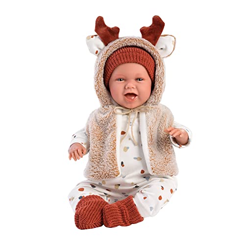 Llorens 1074018 Puppe Mimi, mit blauen Augen und weichem Körper, Babypuppe inkl. winterlichem Outfit, Schnuller, Schnullerkette und Flauschiger Weste mit süßen Rentier-Hörnchen, 42cm von Llorens