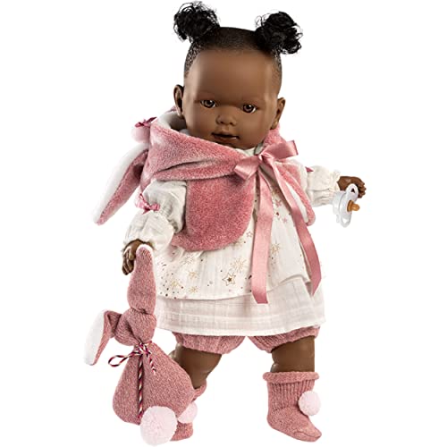 Llorens 42646 Puppe Nicole, mit braunen Augen, schwarzen Haaren Körper, Babypuppe inkl. rosa Hasen-Outfit, Schnuller und weicher Weste mit süßen Hasenöhrchen, 42cm von Llorens