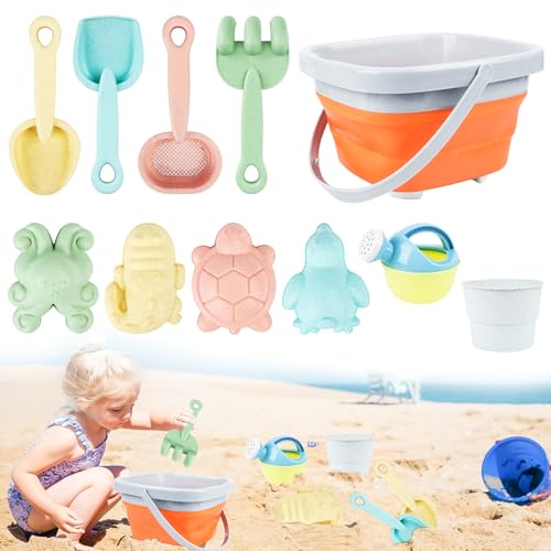 Lnjya Strandspielzeug für Kinder,11 Stück Sandspielzeug Strandspielzeug Kinder, Sandkasten Spielzeug, Sandspielzeug Mit Faltbarer Eimer,Gartenspielzeug für Ab 1 2 3 4 5 Jahre Mädchen Junge von Lnjya