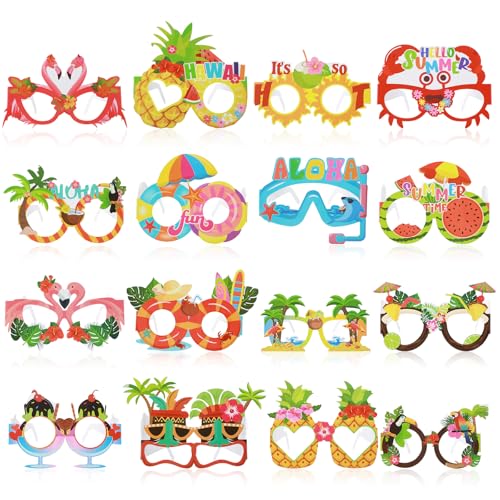 Lnngub 16 Stück Hawaiian Brille, Lustige Hawaii Papierbrille 16 Stile Unisex Hawaiianische Brillen-Requisiten für Hawaii-Partys, Strandpartys, Geburtstagsfeiern, Maskenbälle, Foto-Requisite von Lnngub