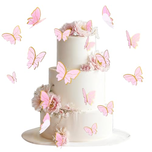 Lnngub Cupcake-Topper mit Schmetterlings-Motiv, rosa-goldener Rand, gemischte Größen, Schmetterling-Kuchendekorationen für Damen, Geburtstag, Party, Hochzeit, Jahrestag, rosa Schmetterlinge für von Lnngub