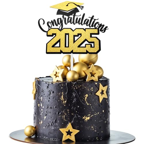 Lnngub Tortenaufsatz zum Schulabschluss, Klasse 2025, Tortenaufsatz mit Aufschrift "Congratulations 5,133.5 cm, Tortenaufsatz für Abschlussfeier, Abschlussfeier, Party-Dekorationen (Schwarz und Gold, von Lnngub