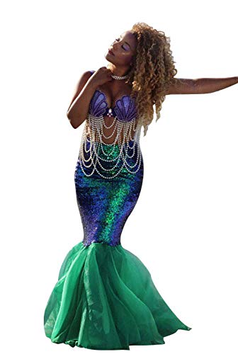 Loalirando Damen Meerjungfrau Kostüm Halloween Mermaid Bühnenkostüme Pailletten Maxirock Cosplay Karneval Abendkleid (Grün, L) von Loalirando