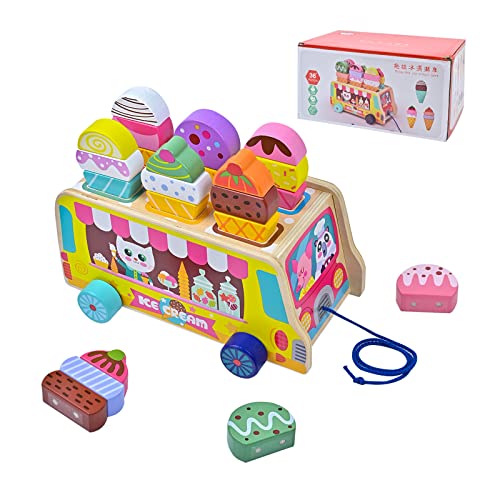 Locisne Ice Cream Food Cart Pull Along Spielzeug Montessori Holz Set, Magnetisches Stapeln, Bunt, 24-Stücke in Mehreren Kombinationen, Rollenspiel frühe Entwicklungsaktivität, für Alter 3+ Kleinkind von Locisne