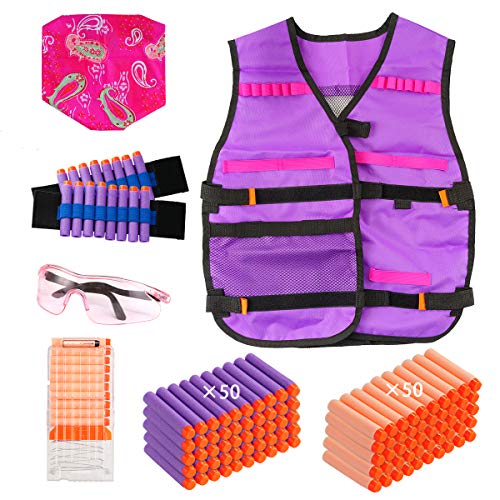 Locisne Tactical Vest für Mädchen, Tactical Vest Kit mit 100 Nachfüllkugeln, 2 Armbändern, 1 Schalmaske, 1 Schutzbrille, 1 Dart Reload Clip für N-Strike Elite Series von Locisne