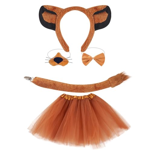 Lodoot Tier-Cosplay-Kostüm-Set, Hundehaarreifen-Set, Plüschschwanz, Fliege, Löwenohren, Stirnband, Netzrock, Handschuhe für Partys, Tierohren, Löwe, König, Ohr, Stirnband Lodoot Tier-Cosplay-Kostüm-Set, Hundehaarreifen-Set, Plüschschwanz, Fliege, Löwenohren, Stirnband, Netzrock, Handschuhe für Partys, Tierohren, Löwe, König, Ohr, Stirnband von Lodoot