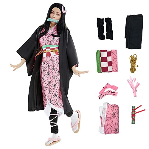 Erwachsene Dämonen-Slayer-Umhang Outfits Kamado Nezuko Kimono Robe Cosplay Kostüm Halloween Jacke Anzüge Uniform Unisex (klein, Kamado Nezuko) von Lofeery