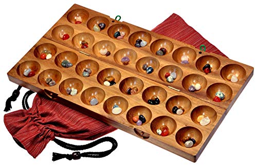 LOGOPLAY 85 Hus - Bao - Kalaha - Bohnenspiel - Muschelspiel - Edelsteinspiel aus Samena-Holz inkl. Edelsteinen und Stoffbeutel von LOGOPLAY