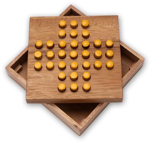 Solitär Gr. L - Solitaire - Steckspiel - Denkspiel - Knobelspiel - Geduldspiel - Logikspiel aus Holz - gelbe Stecker von LOGOPLAY