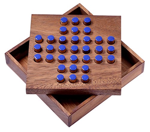 Solitär Gr. L - Solitaire - Steckspiel - Denkspiel - Knobelspiel - Geduldspiel - Logikspiel aus Holz - Blaue Stecker von LOGOPLAY