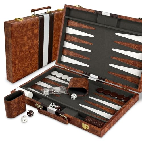 Lohofrnny Backgammon Set, 15" Klassisches Backgammon Koffer, 2 Spieler Brettspiel Tragbares Reise Strategie Spiel Set für Erwachsene Kinder (15 Zoll, Genarbtes Braun) von Lohofrnny