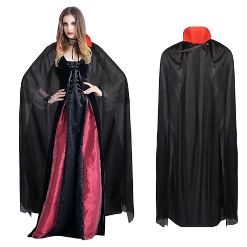 Lollanda Schwarz-roter Umhang für Erwachsene, Vampirumhang mit rotem Kragen, Unisex, wendbar, Stehkragen, Vampir-Hexenkostüm für Halloween, Fasching, Erwachsene (Erwachsene, 150 cm) von Lollanda