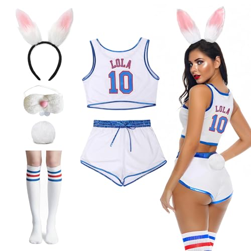 Lola #10 Halloween-Bunny-Kostüm-Set für Damen, Weltraum-Film, Jersey-Outfit und Shorts mit Hasenohren, Schwanz, Socken, Weiß, Größe L Lola #10 Halloween-Bunny-Kostüm-Set für Damen, Weltraum-Film, Jersey-Outfit und Shorts mit Hasenohren, Schwanz, Socken, Weiß, Größe L von Lolostar