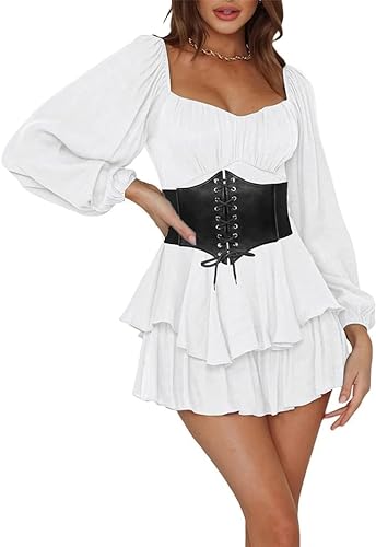 Lomelomme Piratenkostüm Damen Rüschenkleid mit langen Puffärmeln und integrierten Shorts Schulterfrei Stufenrock Chiffon als Freizeitkleidung Rapunzel Kostüm Damen Weißes Kleid von Lomelomme