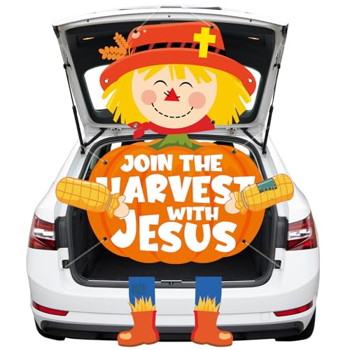Halloween Kofferraum oder Leckerli Auto Dekorationen Kit Herbst Jesus Kürbis Hintergrund für SUV Halloween Vogelscheuche Kürbis Auto Dekorationen religiöse Themenparty Dekor Set für Torbogen von Lonfliness