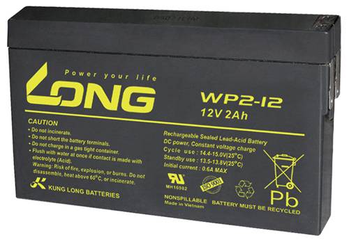 Long WP2-12 WP2-12 Bleiakku 12V 2Ah Blei-Vlies (AGM) (B x H x T) 150 x 90 x 20mm Flachstecker 4.8mm von Long