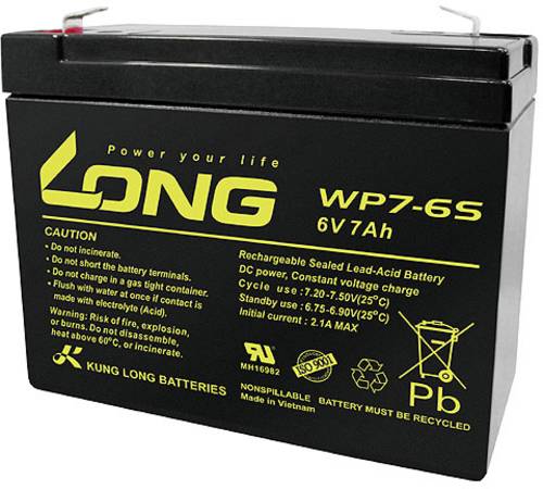 Long WP7-6S WP7-6S Bleiakku 6V 7Ah Blei-Vlies (AGM) (B x H x T) 116 x 99 x 50mm Flachstecker 4.8mm G von Long
