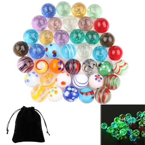 LongZYU 40 Stück Glas Murmeln Bunt Gemischt Murmel 16 mm enthalten 20 Glasmurmeln Leuchten im Dunkeln Leuchtmurmeln und 20 Deko Murmeln Bunte für Kinder Murmelspiele Murmelbahn Aquarien Heimdekoration von LongZYU