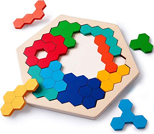 Hölzernes Sechseck Puzzle Form Block Tangram Denkaufgabe Spielzeug Geometrie Logik IQ Spiel Montessori Pädagogisches Geschenk für alle Altersgruppen Herausforderung von Longsing