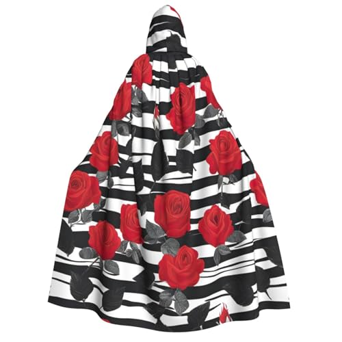 Longzehao Unisex Kapuzenumhang mit schwarz-weißen Streifen und roten Rosen, für Erwachsene, Dekoration, Cosplay-Kostüme, Halloween-Kapuzenmantel von Longzehao