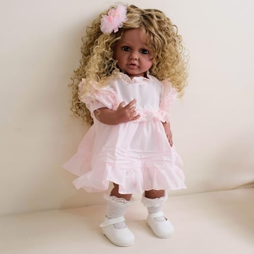 Lonian 22 Zoll Betty Ganzkörper-Vinyl-Silikon Reborn lockiges Haar Mädchen Puppe lebensecht dunkelbraune Haut für Kinder von Lonian