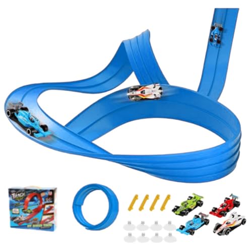 Lonvgrt Flexible Spielzeugautobahn, Inklusive 4 Druckguss-spielzeugautos für Rennen, Tragbares 4,5-m-roll-up-rennbahn-spielset, Pädagogische DIY-Schwerkraft-rutschbahn, Geburtstagsgeschenke(Blue) von Lonvgrt