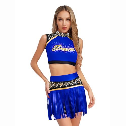 Loodgao Damen Cheer Leading Tanz Outfits Uniformen aus Ärmellos Crop Top Rollkragen Shirts und Faltenrock Minirock mit Fransen Halloween Cosplay Motto Party Outfits Königsblau S Loodgao Damen Cheer Leading Tanz Outfits Uniformen aus Ärmellos Crop Top Rollkragen Shirts und Faltenrock Minirock mit Fransen Halloween Cosplay Motto Party Outfits Königsblau S von Loodgao