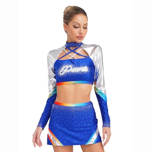 Loodgao Damen Cheer Leading Uniform Tanz Outfits Langarm Crop Top Buchstaben Shirts und Minirock Halloween Cosplay Motto Party Outfits Königsblau XL Loodgao Damen Cheer Leading Uniform Tanz Outfits Langarm Crop Top Buchstaben Shirts und Minirock Halloween Cosplay Motto Party Outfits Königsblau XL von Loodgao