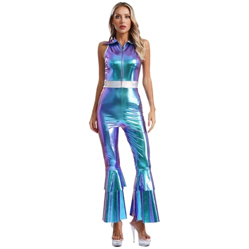 Loodgao Damen Disco Kostüm Glänzend Body Ärmellos Hemd Top und High Waist Schlaghose Skinny Fit Flared Pants Einteiler 70er Jahre Outfits Blau 3XL Loodgao Damen Disco Kostüm Glänzend Body Ärmellos Hemd Top und High Waist Schlaghose Skinny Fit Flared Pants Einteiler 70er Jahre Outfits Blau 3XL von Loodgao