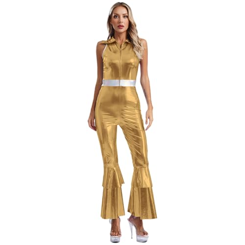 Loodgao Damen Disco Kostüm Glänzend Body Ärmellos Hemd Top und High Waist Schlaghose Skinny Fit Flared Pants Einteiler 70er Jahre Outfits Gold 3XL Loodgao Damen Disco Kostüm Glänzend Body Ärmellos Hemd Top und High Waist Schlaghose Skinny Fit Flared Pants Einteiler 70er Jahre Outfits Gold 3XL von Loodgao