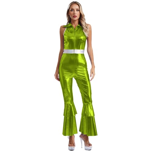 Loodgao Damen Disco Kostüm Glänzend Body Ärmellos Hemd Top und High Waist Schlaghose Skinny Fit Flared Pants Einteiler 70er Jahre Outfits Grün L von Loodgao