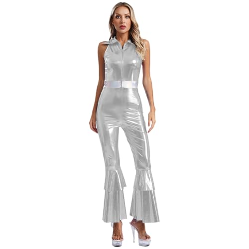Loodgao Damen Disco Kostüm Glänzend Body Ärmellos Hemd Top und High Waist Schlaghose Skinny Fit Flared Pants Einteiler 70er Jahre Outfits Silber XXL von Loodgao
