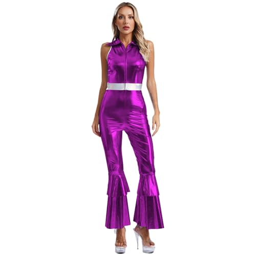 Loodgao Damen Disco Kostüm Glänzend Body Ärmellos Hemd Top und High Waist Schlaghose Skinny Fit Flared Pants Einteiler 70er Jahre Outfits Violett S Loodgao Damen Disco Kostüm Glänzend Body Ärmellos Hemd Top und High Waist Schlaghose Skinny Fit Flared Pants Einteiler 70er Jahre Outfits Violett S von Loodgao