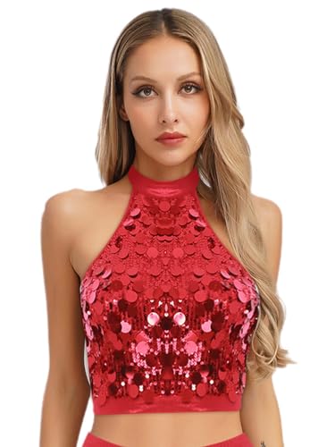 Loodgao Damen Glänzend Neckholder Top Rückenfrei Tanzshirts Kurz Bauchfrei Pailletten Oberteil Bauchtanz Modern Jazz Outfits Gogo Clubwear Rot XL Loodgao Damen Glänzend Neckholder Top Rückenfrei Tanzshirts Kurz Bauchfrei Pailletten Oberteil Bauchtanz Modern Jazz Outfits Gogo Clubwear Rot XL von Loodgao