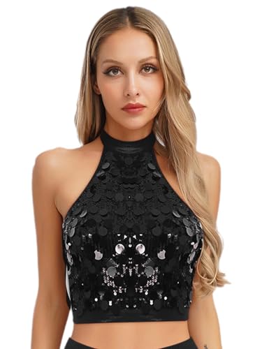 Loodgao Damen Glänzend Neckholder Top Rückenfrei Tanzshirts Kurz Bauchfrei Pailletten Oberteil Bauchtanz Modern Jazz Outfits Gogo Clubwear Schwarz S Loodgao Damen Glänzend Neckholder Top Rückenfrei Tanzshirts Kurz Bauchfrei Pailletten Oberteil Bauchtanz Modern Jazz Outfits Gogo Clubwear Schwarz S von Loodgao