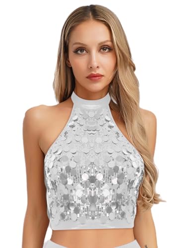 Loodgao Damen Glänzend Neckholder Top Rückenfrei Tanzshirts Kurz Bauchfrei Pailletten Oberteil Bauchtanz Modern Jazz Outfits Gogo Clubwear Weiß XXL Loodgao Damen Glänzend Neckholder Top Rückenfrei Tanzshirts Kurz Bauchfrei Pailletten Oberteil Bauchtanz Modern Jazz Outfits Gogo Clubwear Weiß XXL von Loodgao
