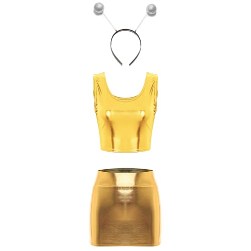 Loodgao Damen Metallic Crop Top und Slim Fit Bodycon Rock mit Alien Haarreifen Welfall Super Heldin Cosplay Kostüm Gogo Outfits Clubwear Gold Einheitsgröße Loodgao Damen Metallic Crop Top und Slim Fit Bodycon Rock mit Alien Haarreifen Welfall Super Heldin Cosplay Kostüm Gogo Outfits Clubwear Gold Einheitsgröße von Loodgao