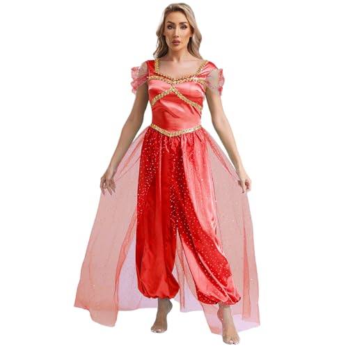 Loodgao Damen Prinzessin Bauchtanz Kostüm Satin Glänzend Jumpsuit Mesh Overlay Overall mit Weite Hose Film Star Cosplay Outfits Burgundy S Loodgao Damen Prinzessin Bauchtanz Kostüm Satin Glänzend Jumpsuit Mesh Overlay Overall mit Weite Hose Film Star Cosplay Outfits Burgundy S von Loodgao