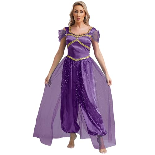 Loodgao Damen Prinzessin Bauchtanz Kostüm Satin Glänzend Jumpsuit Mesh Overlay Overall mit Weite Hose Film Star Cosplay Outfits Dunkelviolett 3XL Loodgao Damen Prinzessin Bauchtanz Kostüm Satin Glänzend Jumpsuit Mesh Overlay Overall mit Weite Hose Film Star Cosplay Outfits Dunkelviolett 3XL von Loodgao