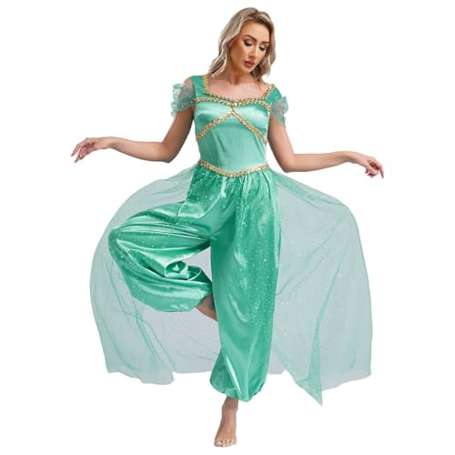 Loodgao Damen Prinzessin Bauchtanz Kostüm Satin Glänzend Jumpsuit Mesh Overlay Overall mit Weite Hose Film Star Cosplay Outfits Türkis XXL Loodgao Damen Prinzessin Bauchtanz Kostüm Satin Glänzend Jumpsuit Mesh Overlay Overall mit Weite Hose Film Star Cosplay Outfits Türkis XXL von Loodgao