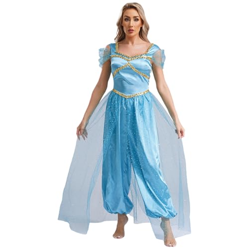 Loodgao Damen Prinzessin Bauchtanz Kostüm Satin Glänzend Jumpsuit Mesh Overlay Overall mit Weite Hose Film Star Cosplay Outfits blauer See XL Loodgao Damen Prinzessin Bauchtanz Kostüm Satin Glänzend Jumpsuit Mesh Overlay Overall mit Weite Hose Film Star Cosplay Outfits blauer See XL von Loodgao